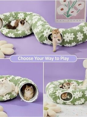 BEDSURE Plush Green Daisy Cat Tunnel & Bed 💚🍃❗️🐈